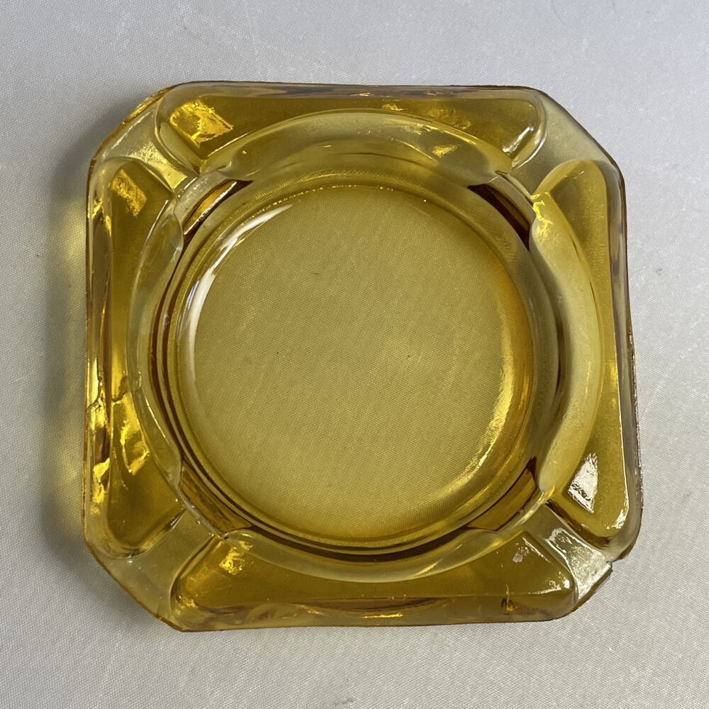 Vintage Yellow Amber Glass Ashtray Square Retro Cigarette 3.5” - Picture 2 of 5